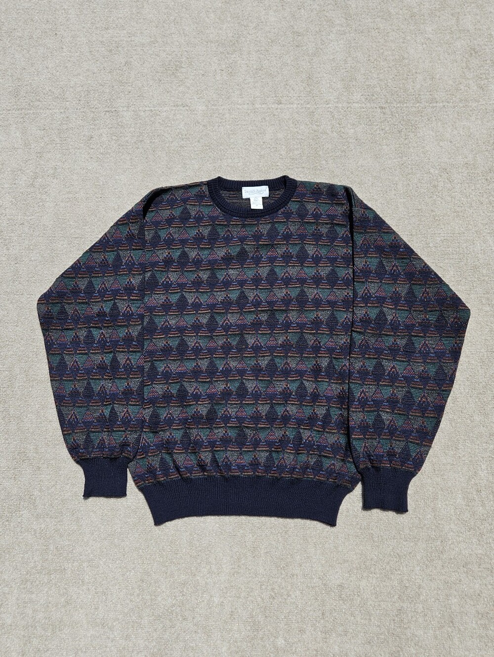 Vintage Dark Blue Geometric Pattern Merino Wool Long Sleeve Knit Sweater Medium